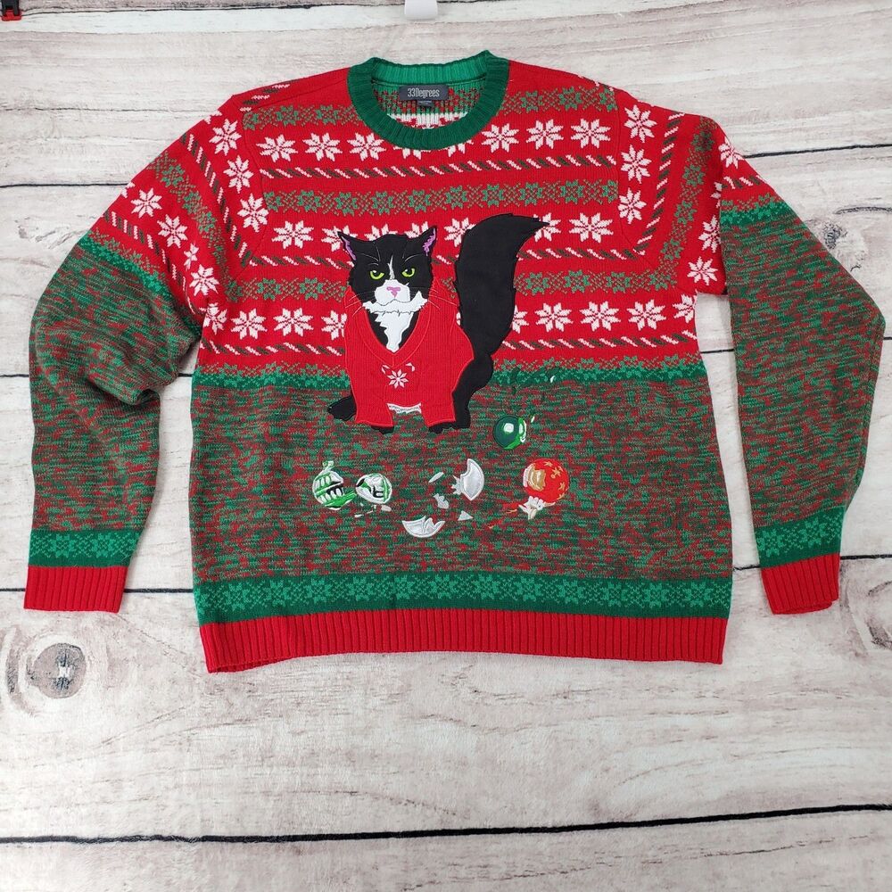 33 Degrees XXL Christmas Pullover Angry Black Cat Broken Ornaments Sweater 3XL